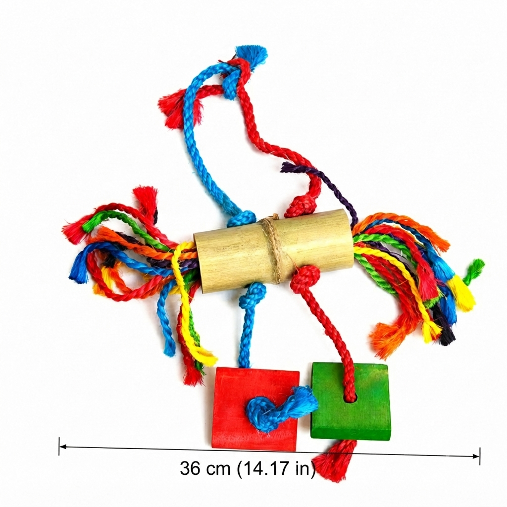 Freigestellte Produktansicht von Papageienspielzeug Vogelspielzeug Kletterseil mit Holz-Details 36 cm mit Abmessungen