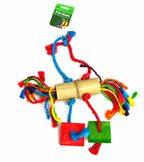 Freigestellte Produktansicht von Papageienspielzeug Vogelspielzeug Kletterseil mit Holz-Details 36 cm mit Etikett