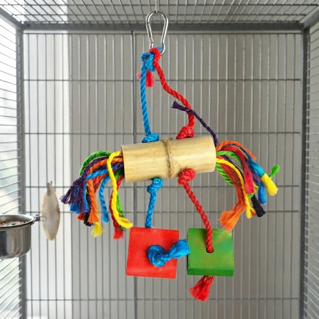 Papageienspielzeug Vogelspielzeug Kletterseil mit Holz-Details 36 cm in einem Vogelkäfig