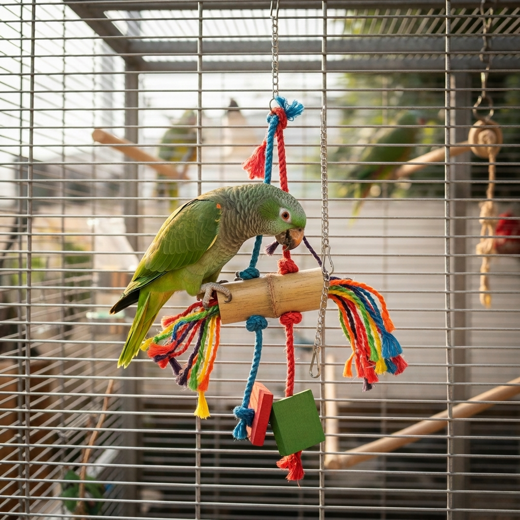 Papageienspielzeug Vogelspielzeug Kletterseil mit Holz-Details 36 cm in einer Voliere