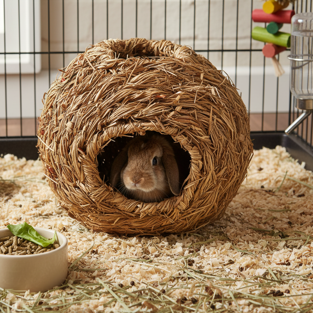 Grasnest XXL Heukugel Hasenhaus 20 cm für Meerschweinchen & Nager mit einem kleinen Kaninchen im inneren.