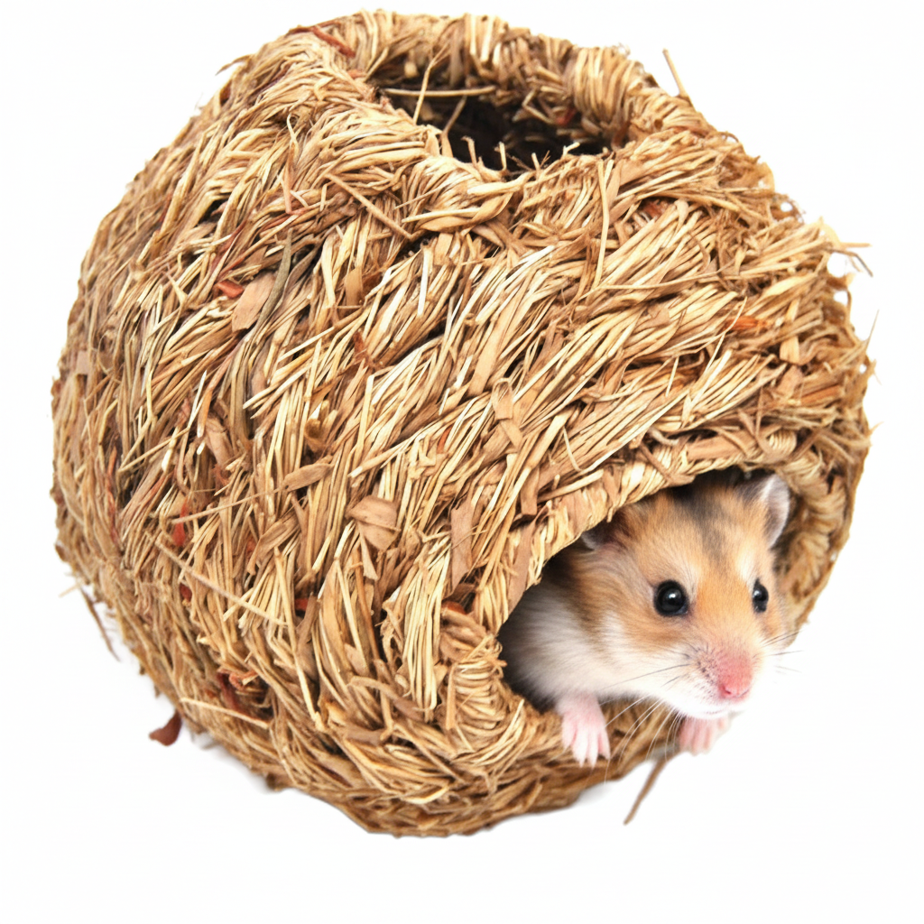 Freigestellte Produktansicht von Grasnest XXL Heukugel Hasenhaus 20 cm für Meerschweinchen & Nager mit einem Nager im inneren.