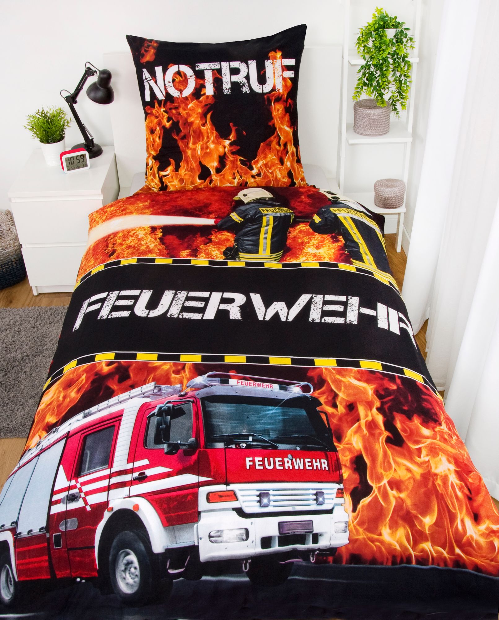 Herding Bettwäsche Feuerwehr Notruf 80 x 80 und 135 x 200 cm