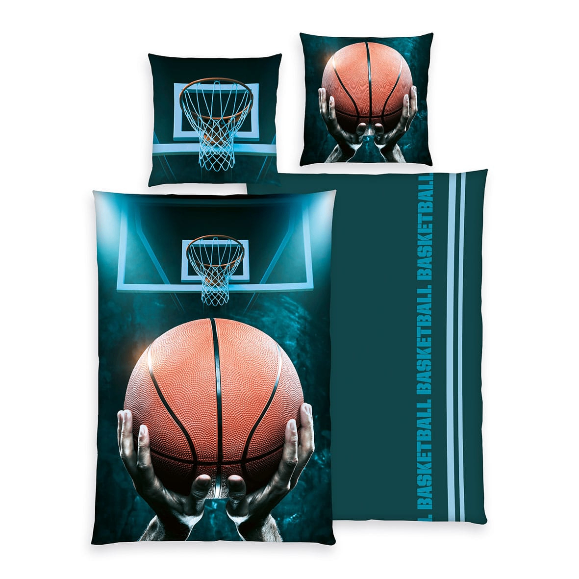 Freigestellte Produktansicht von der Vorderseite und Rückseite von der Herding Bettwäsche Basketball 135 x 200 cm 100% Baumwolle 2-teilig