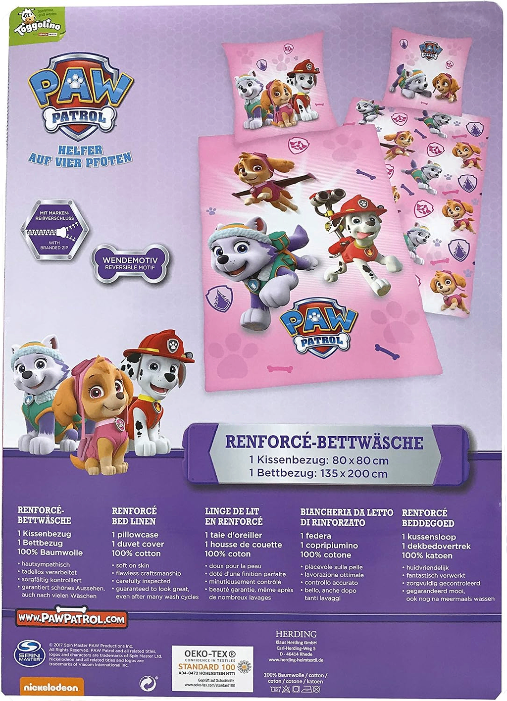 Rückseite von der Verpackung vom Herding Bettwäsche Set Paw Patrol rosa 135 x 200 cm 100% Baumwolle