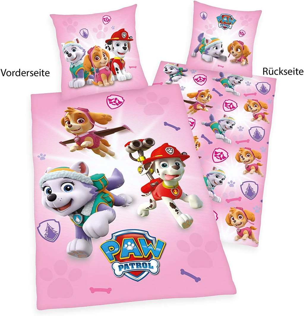 Freigestellte Produktansicht von der Vorderseite und Rückseite vom Herding Bettwäsche Set Paw Patrol rosa 135 x 200 cm 100% Baumwolle
