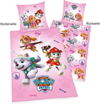 Freigestellte Produktansicht von der Vorderseite und Rückseite vom Herding Bettwäsche Set Paw Patrol rosa 135 x 200 cm 100% Baumwolle