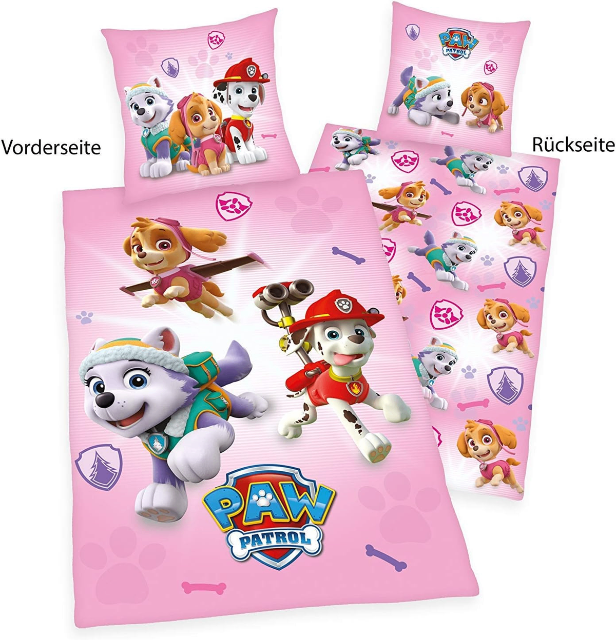 Freigestellte Produktansicht von der Vorderseite und Rückseite vom Herding Bettwäsche Set Paw Patrol rosa 135 x 200 cm 100% Baumwolle