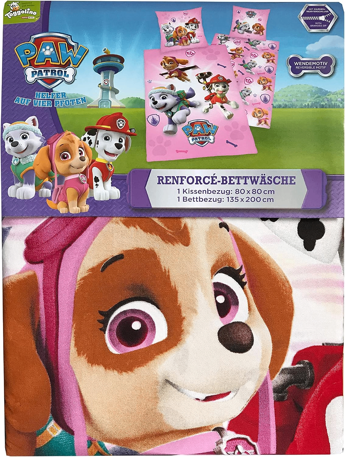 Vorderseite von der Verpackung vom Herding Bettwäsche Set Paw Patrol rosa 135 x 200 cm 100% Baumwolle
