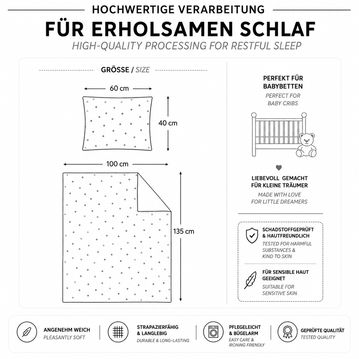 Eine informative Produktgrafik mit den Maßen von 60 x 40 cm für den Kissenbezug und 135 x 100 cm für den Bettbezug sowie Hinweisen zu schadstoffgeprüfter Qualität, Hautfreundlichkeit und Eigenschaften wie angenehmer Weichheit und Pflegeleichtigkeit.