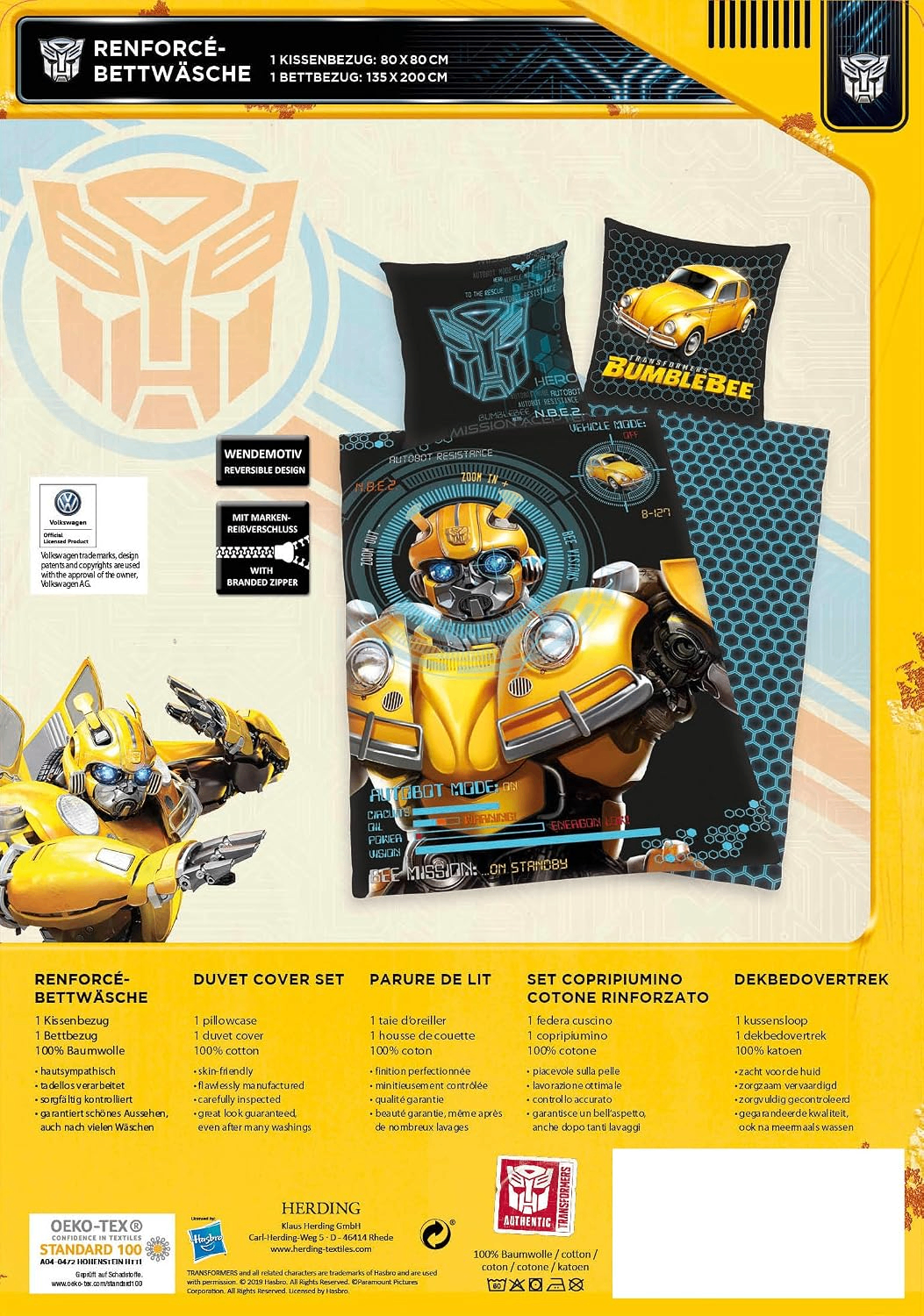 Rückseite der Verpackung von der Herding Bettwäsche Transformers Bumblebee 135 x 200cm Baumwolle 2-tlg.