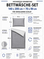 Produktgrafik für ein Bettwäsche-Set in 140 x 200 cm und 70 x 90 cm mit Wendemotiv, hautfreundlichen und pflegeleichten Eigenschaften sowie langanhaltender Farbbeständigkeit.