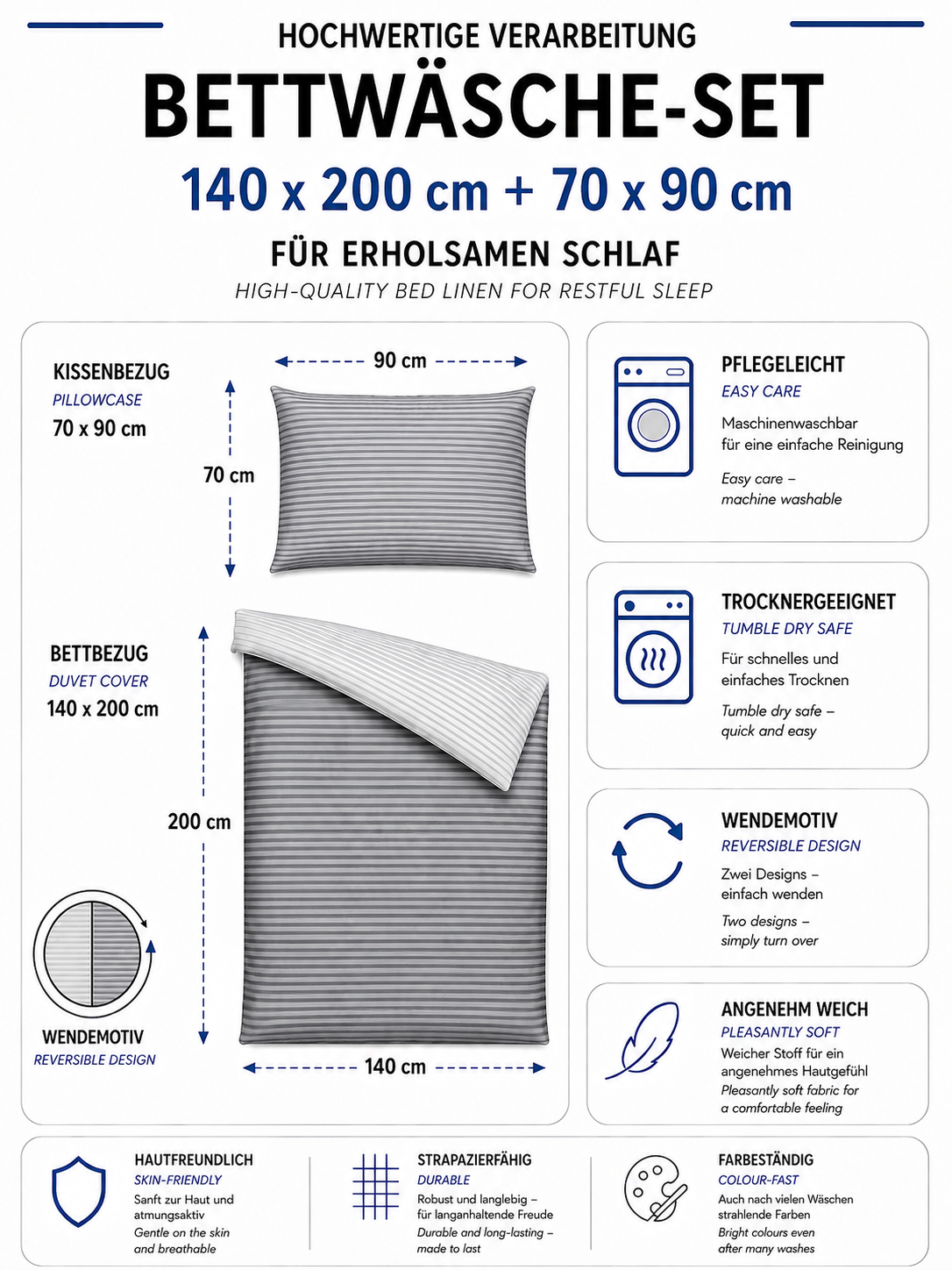 Produktgrafik für ein Bettwäsche-Set in 140 x 200 cm und 70 x 90 cm mit Wendemotiv, hautfreundlichen und pflegeleichten Eigenschaften sowie langanhaltender Farbbeständigkeit.