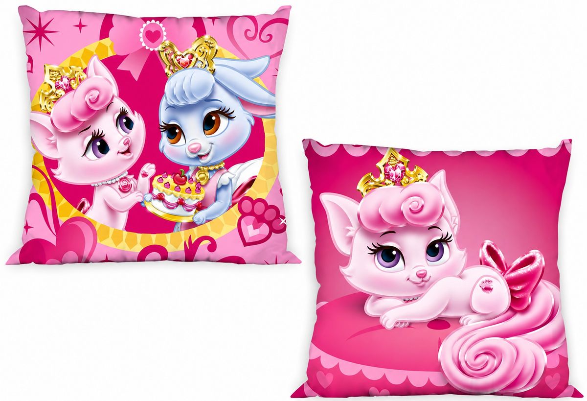 Freigestellte Produktansicht von der Vorderseite und Rückseite vom Disney Princess Palace Pets Kissen Kuschelkissen Dekokissen 40 x 40 cm