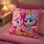 Ambiente Aufnahme von Disney Princess Palace Pets Kissen Kuschelkissen Dekokissen 40 x 40 cm auf einem Bett