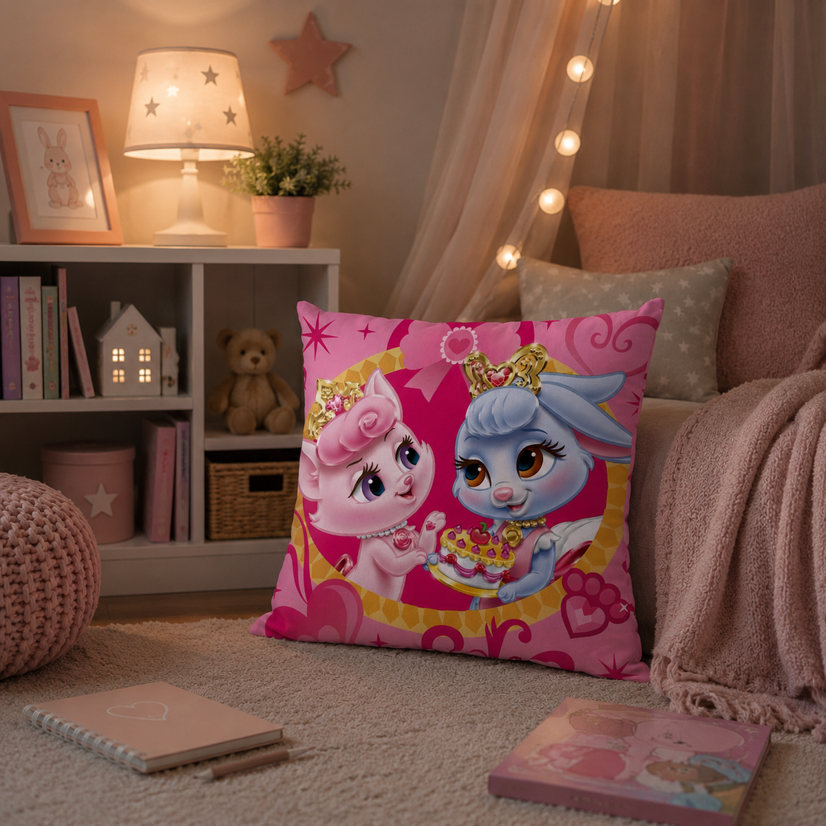 Ambiente Aufnahme von Disney Princess Palace Pets Kissen Kuschelkissen Dekokissen 40 x 40 cm auf einem Bett. Aufnahme aus der Ferne.