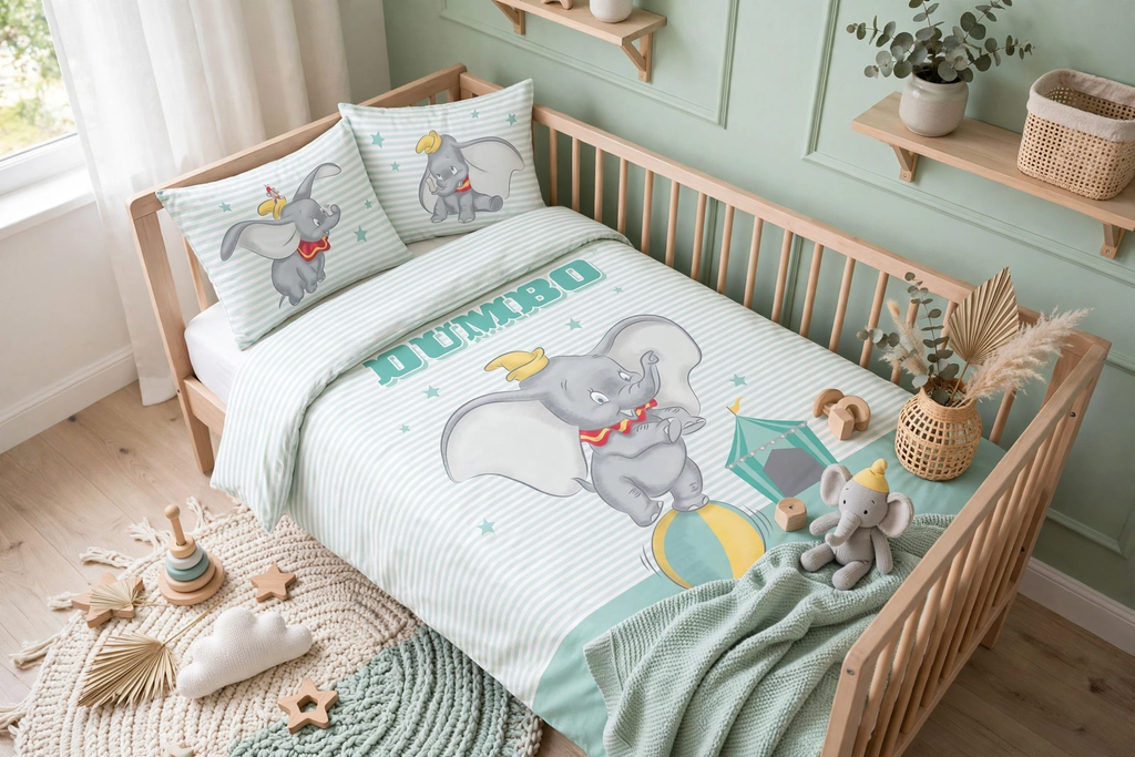 Herding Baby Bettwäsche Disney Dumbo 100 x 135 cm 100% Baumwolle in einem Babybett dargestellt. Hölzerne Kinderzimmereinrichtung und Spielzeug im Kinderzimmer.