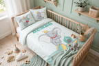 Herding Baby Bettwäsche Disney Dumbo 100 x 135 cm 100% Baumwolle in einem Babybett dargestellt. Hölzerne Kinderzimmereinrichtung und Spielzeug im Kinderzimmer.