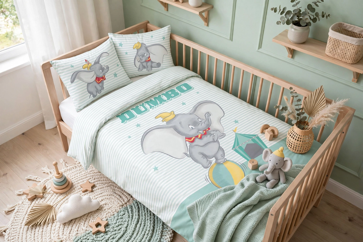 Herding Baby Bettwäsche Disney Dumbo 100 x 135 cm 100% Baumwolle in einem Babybett dargestellt. Hölzerne Kinderzimmereinrichtung und Spielzeug im Kinderzimmer.