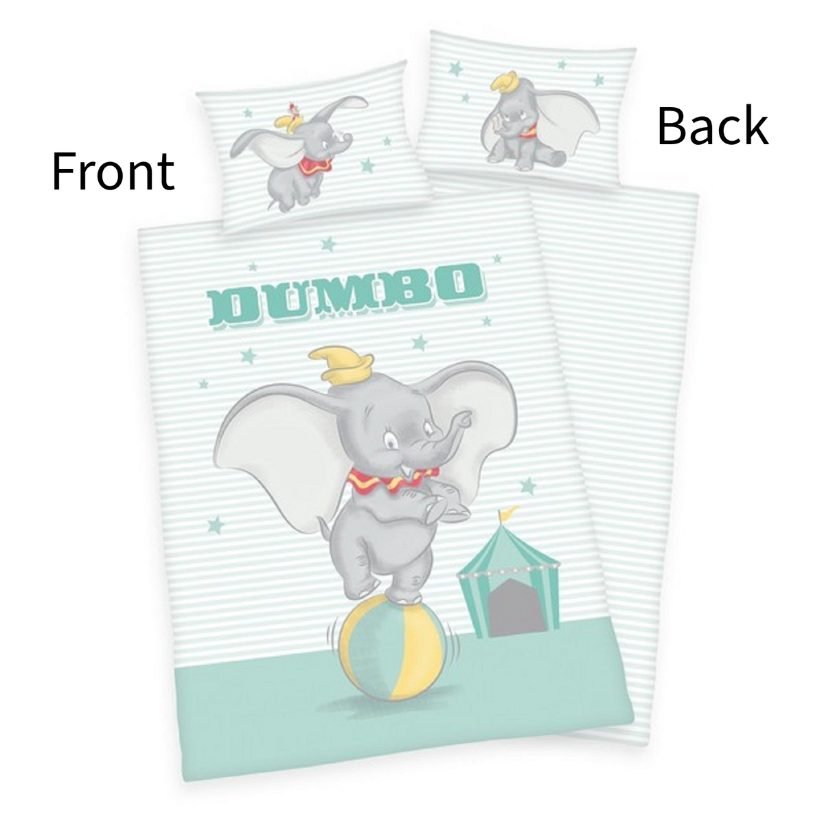 Freigestellte Produktansicht von Herding Baby Bettwäsche Disney Dumbo 100 x 135 cm 100% Baumwolle mit Vorderseite und Rückseite. Schriftzüge "Front" und "Back" stehen neben der Produktabbildung.