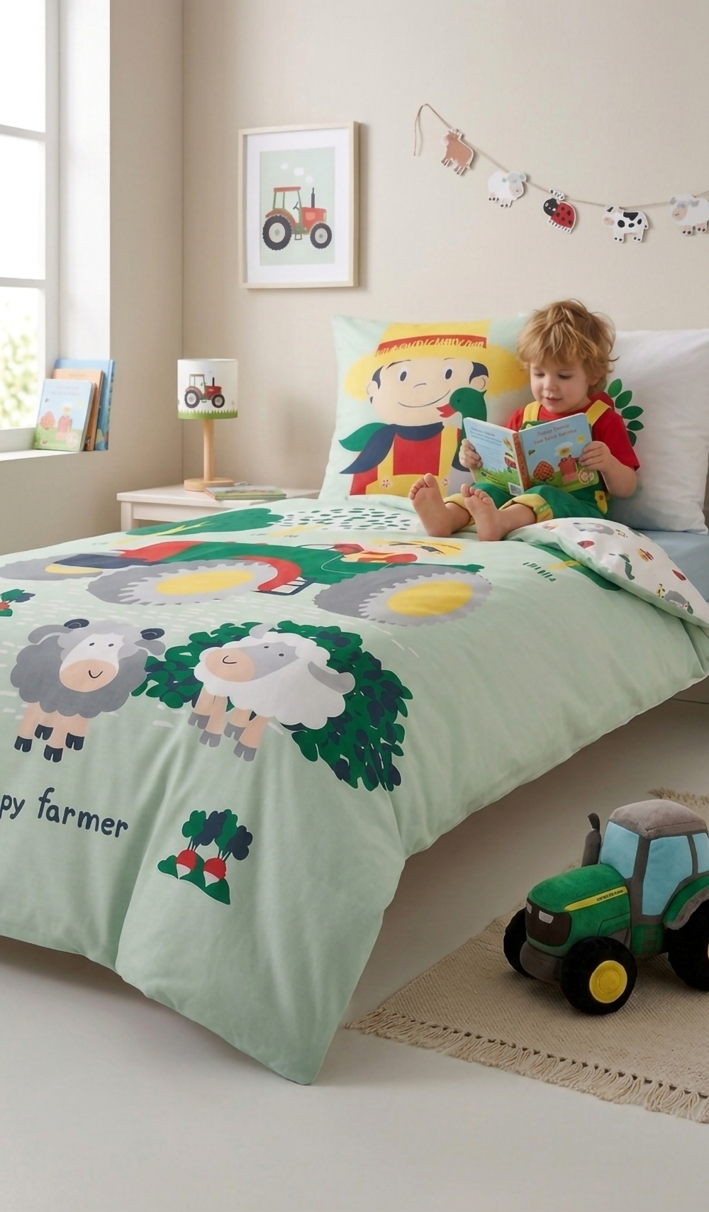 Perspektivische Lifestyle-Aufnahme eines Kleinkindes, das barfuß auf dem Bett sitzt, in einem Buch liest und die hellgrüne „Happy Farmer“-Kinderbettwäsche präsentiert.