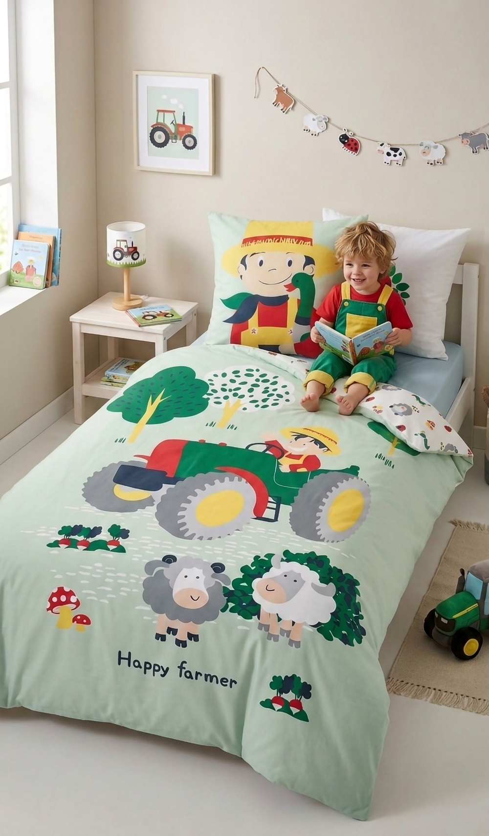 Vorderansicht des im Bett sitzenden Jungen beim Lesen; im Vordergrund liegt ein grüner Plüsch-Traktor auf einem kleinen Teppich neben dem bunt gestalteten Kinderbett.
