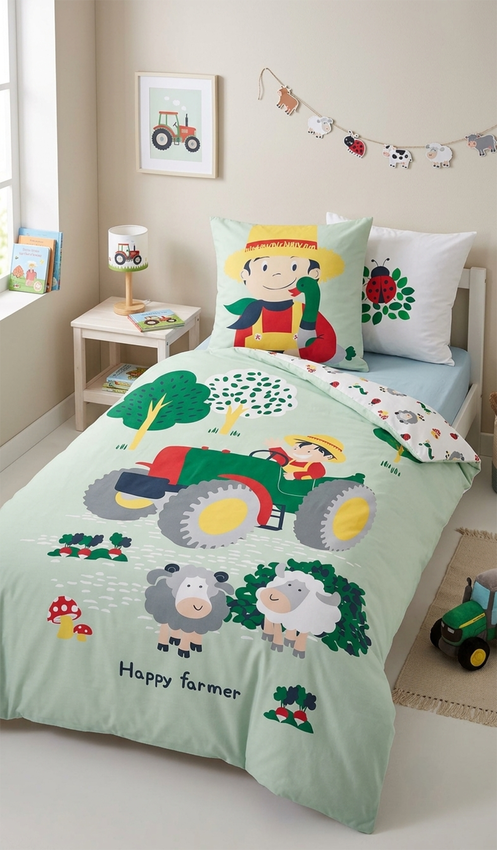 Gemütlich hergerichtetes Kinderbett im hellen Zimmer mit der komplett bezogenen „Happy Farmer“-Bettwäsche, abgerundet durch eine passende Nachttischlampe, Wandbilder und Spielzeug-Traktoren.