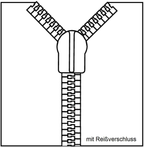 Schwarz‑weißes Symbol eines geöffneten Reißverschlusses mit Zähnen und Schieber. Hinweis auf Bettwäsche mit Reißverschluss.