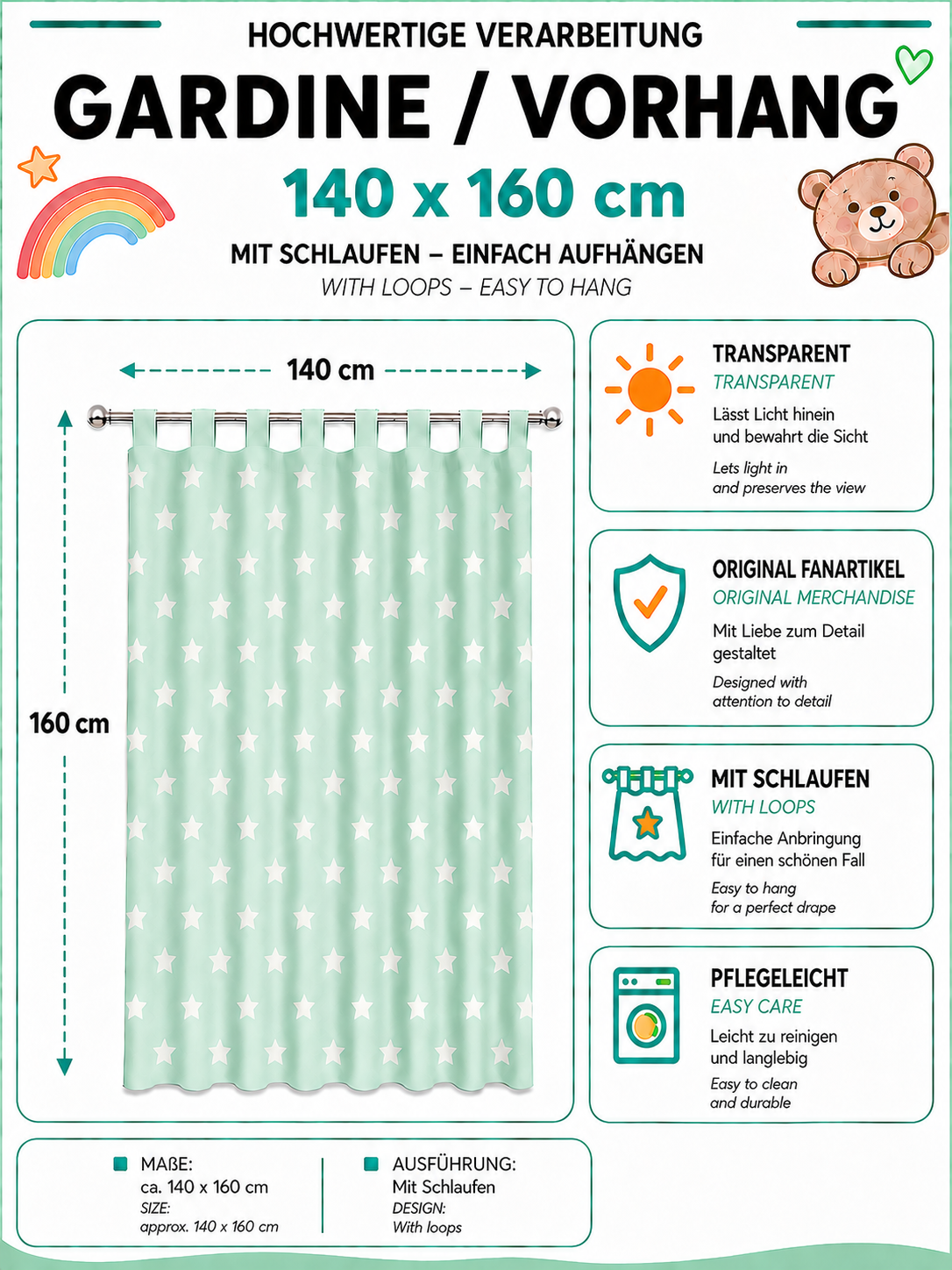 Produktgrafik für einen transparenten Vorhang in 140 x 160 cm mit Schlaufen, Original-Fanartikel-Hinweis und Pflegeleichtigkeit.