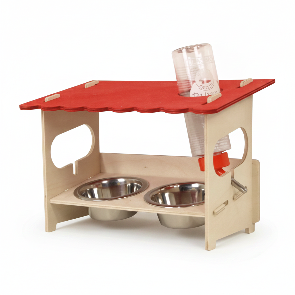 Freigestellte herausgezoomte Produktansicht der Futterstation SNACKBAR LARGE mit Nagertränke & Näpfen 31x18,5x22cm Neu