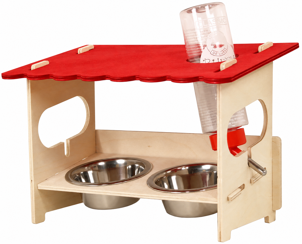 Freigestellte Produktansicht der Futterstation SNACKBAR LARGE mit Nagertränke & Näpfen 31x18,5x22cm Neu