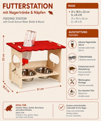 Eine detaillierte Produktgrafik der Futterstation mit Nagertränke & Näpfen aus Holz mit rotem Dach, Edelstahlnäpfen und den Maßen von 31 x 18,5 x 22 cm (Länge x Breite x Höhe) sowie Ausstattungsmerkmalen.
