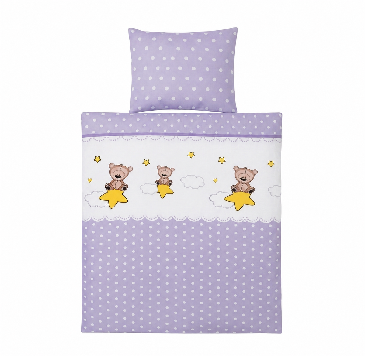 Freigestellte Produktansicht von Babybettwäsche Bär und Sterne Lila 100x135 cm 100% Baumwolle