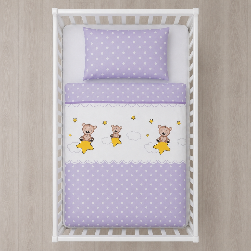 Babybettwäsche Bär und Sterne Lila 100x135 cm 100% Baumwolle in einem Babybett aus der Vogelperspektive dargestellt