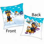 Freigestellte Produktansicht vom Paw Patrol Kissen Kuschelkissen Dekokissen 40 x 40 cm mit Beschriftungen "Front" und "Back".