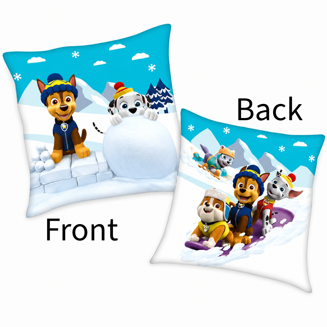 Freigestellte Produktansicht vom Paw Patrol Kissen Kuschelkissen Dekokissen 40 x 40 cm mit Beschriftungen "Front" und "Back".