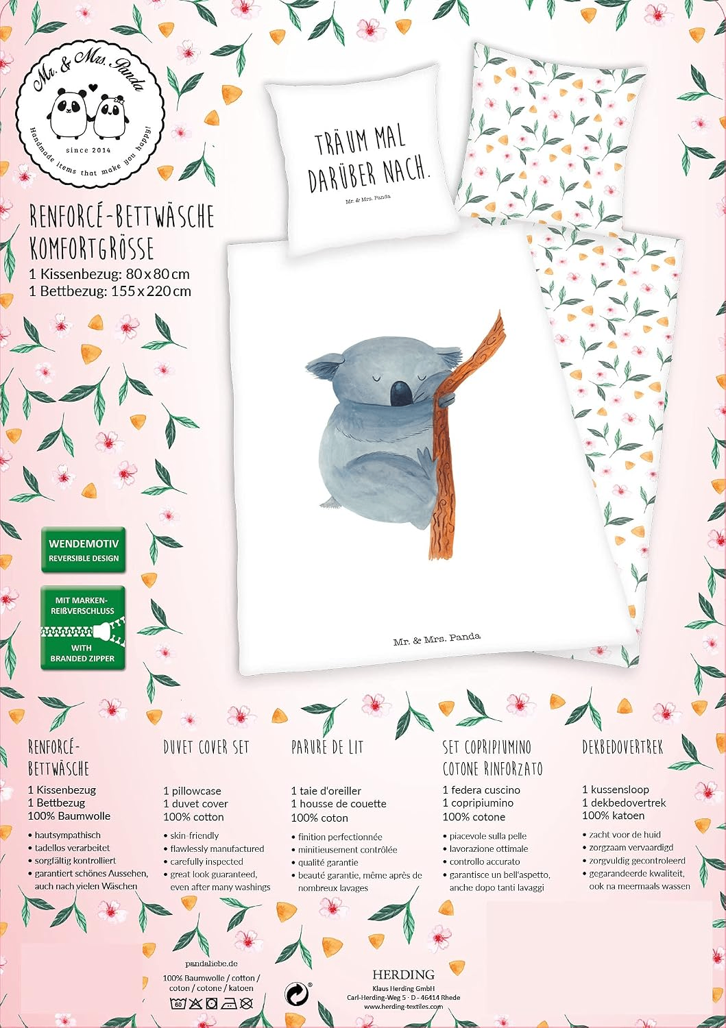Rückseite von der Produktverpackung vom Mr. & Mrs. Panda Wende Bettwäsche-Set 155 x 220 cm Übergröße Baumwolle