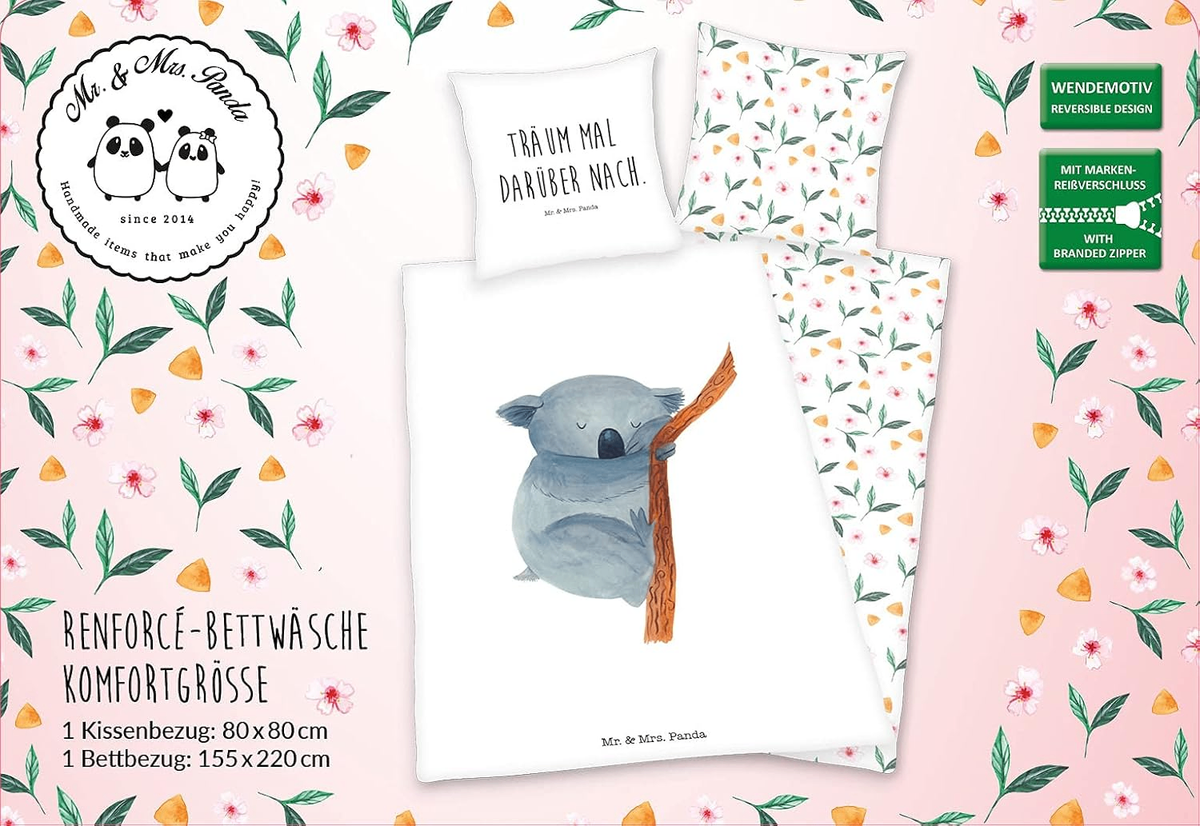 Vorderseite von der Produktverpackung vom Mr. & Mrs. Panda Wende Bettwäsche-Set 155 x 220 cm Übergröße Baumwolle