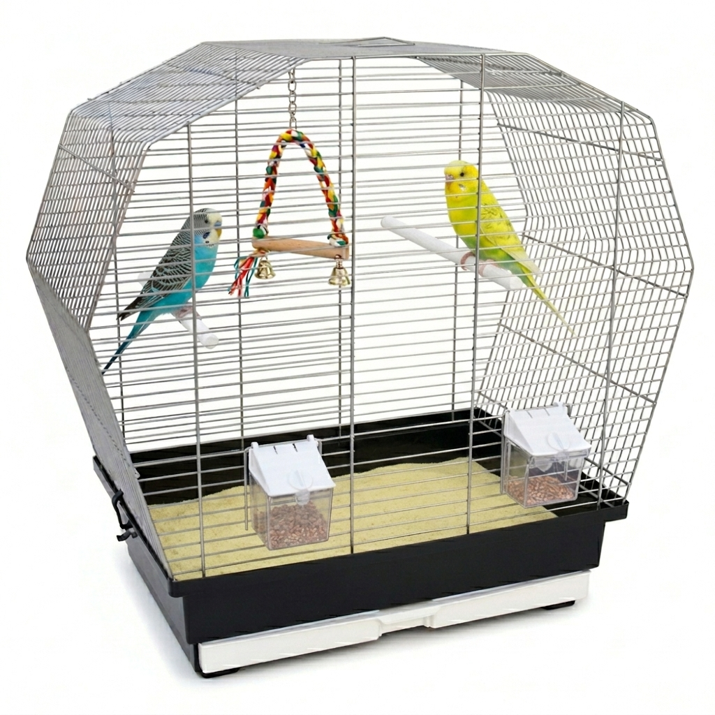 Vogelkäfig Vogelheim Chrom/Schwarz für Sittiche 57,5x33,5x55 cm mit zwei Wellensittichen und einer Vogelschaukel im Käfig.