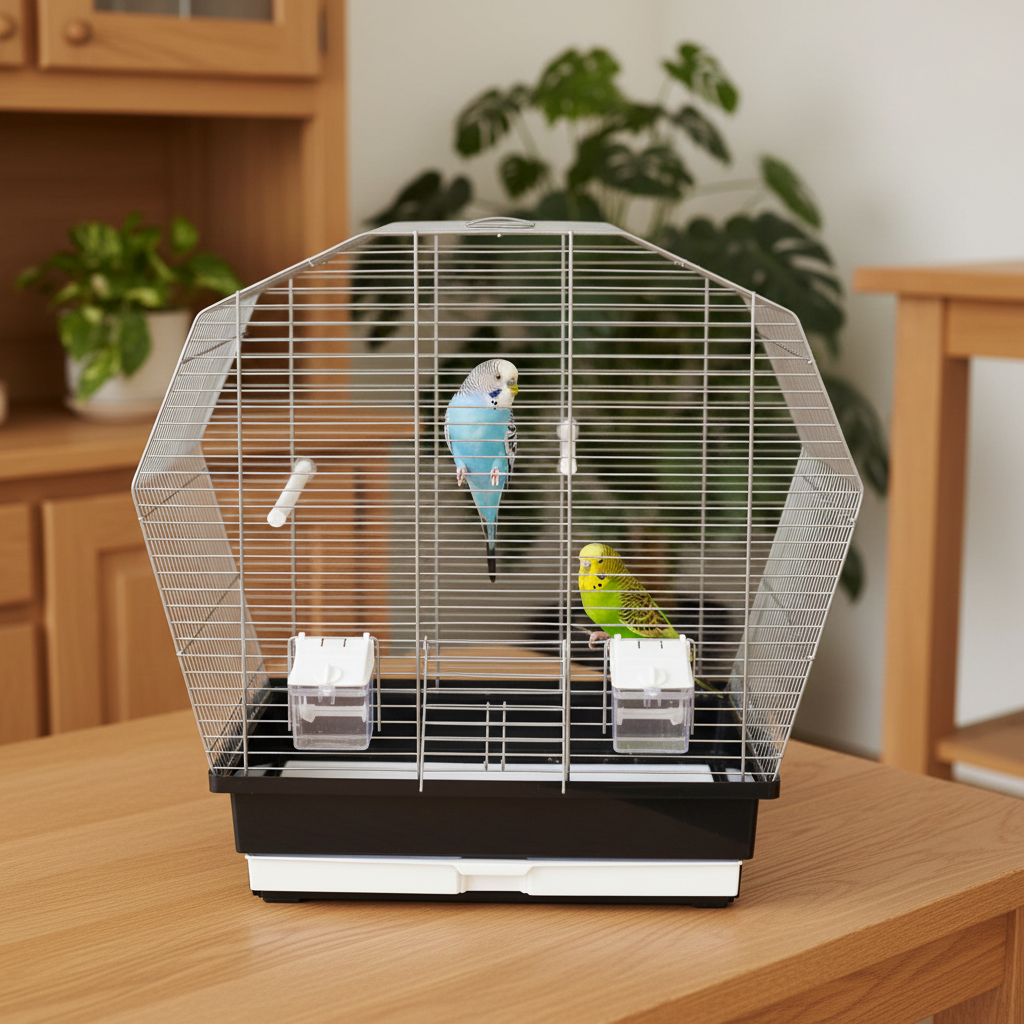 Vogelkäfig Vogelheim Chrom/Schwarz für Sittiche 57,5x33,5x55 cm auf einem Schrank mit zwei Wellensittichen im Käfig