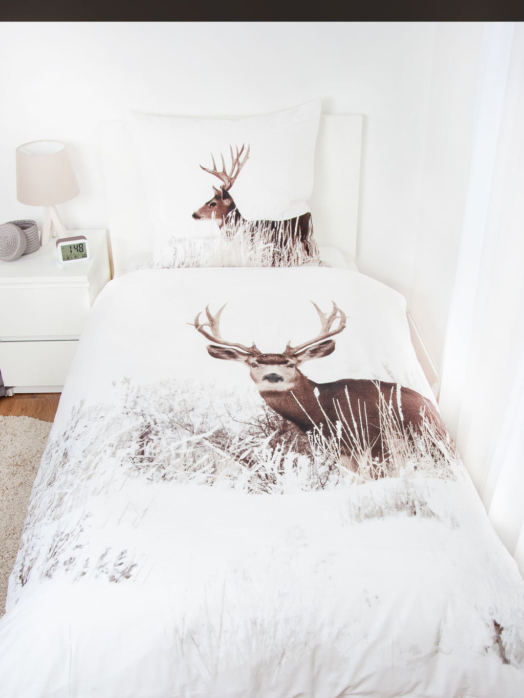 Flannel bedding set, winter landscape with deer, 2 pieces, flannelette, 135x200 cm