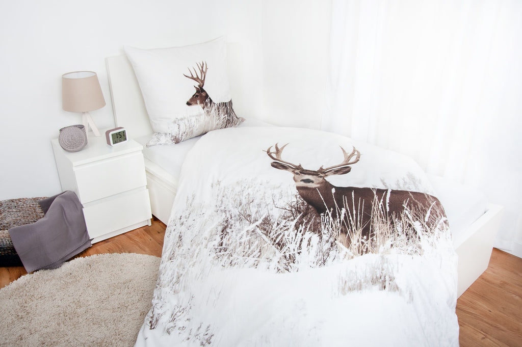 Flannel bedding set, winter landscape with deer, 2 pieces, flannelette, 135x200 cm
