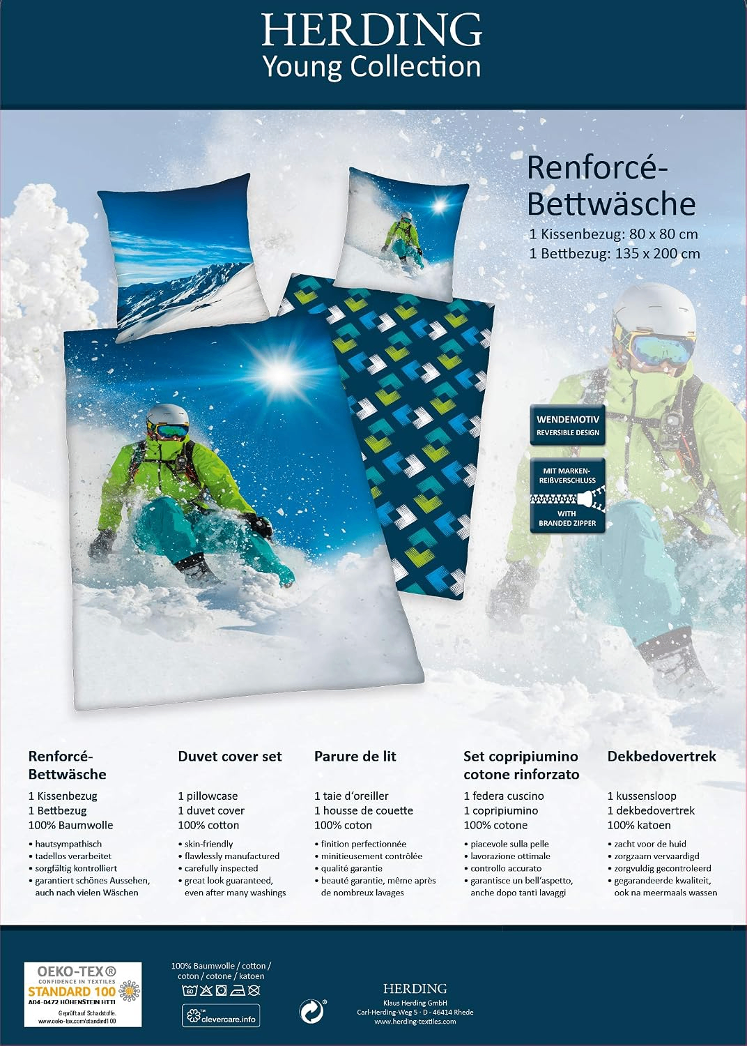 Rückseite von der Verpackung des Herding Bettwäsche Set Skifahrer 2 tlg. 135 x 200 cm 100% Baumwolle