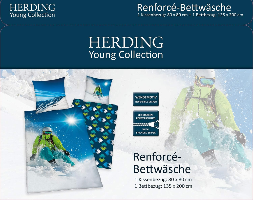 Vorderseite von der Verpackung des Herding Bettwäsche Set Skifahrer 2 tlg. 135 x 200 cm 100% Baumwolle