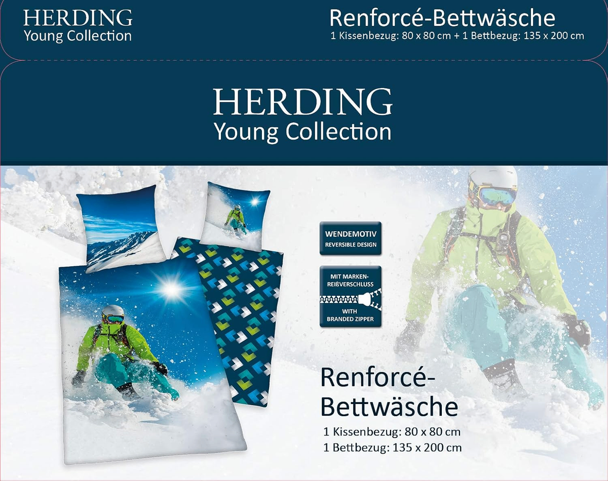 Vorderseite von der Verpackung des Herding Bettwäsche Set Skifahrer 2 tlg. 135 x 200 cm 100% Baumwolle