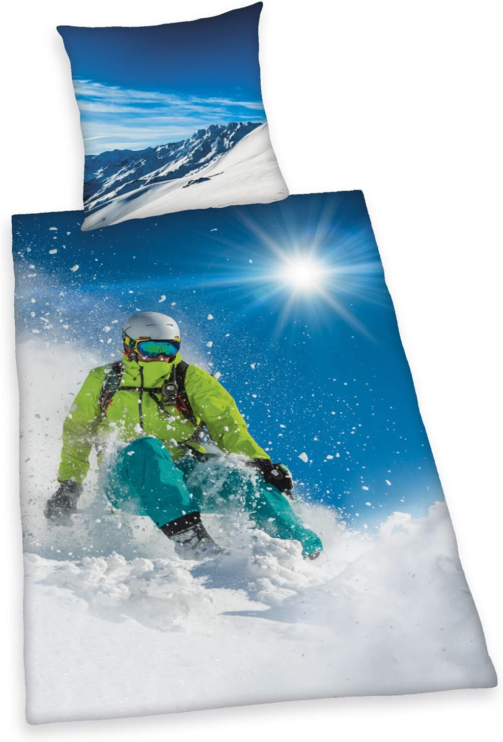 Freigestellte Produktansicht von der Vorderseite vom Herding Bettwäsche Set Skifahrer 2 tlg. 135 x 200 cm 100% Baumwolle