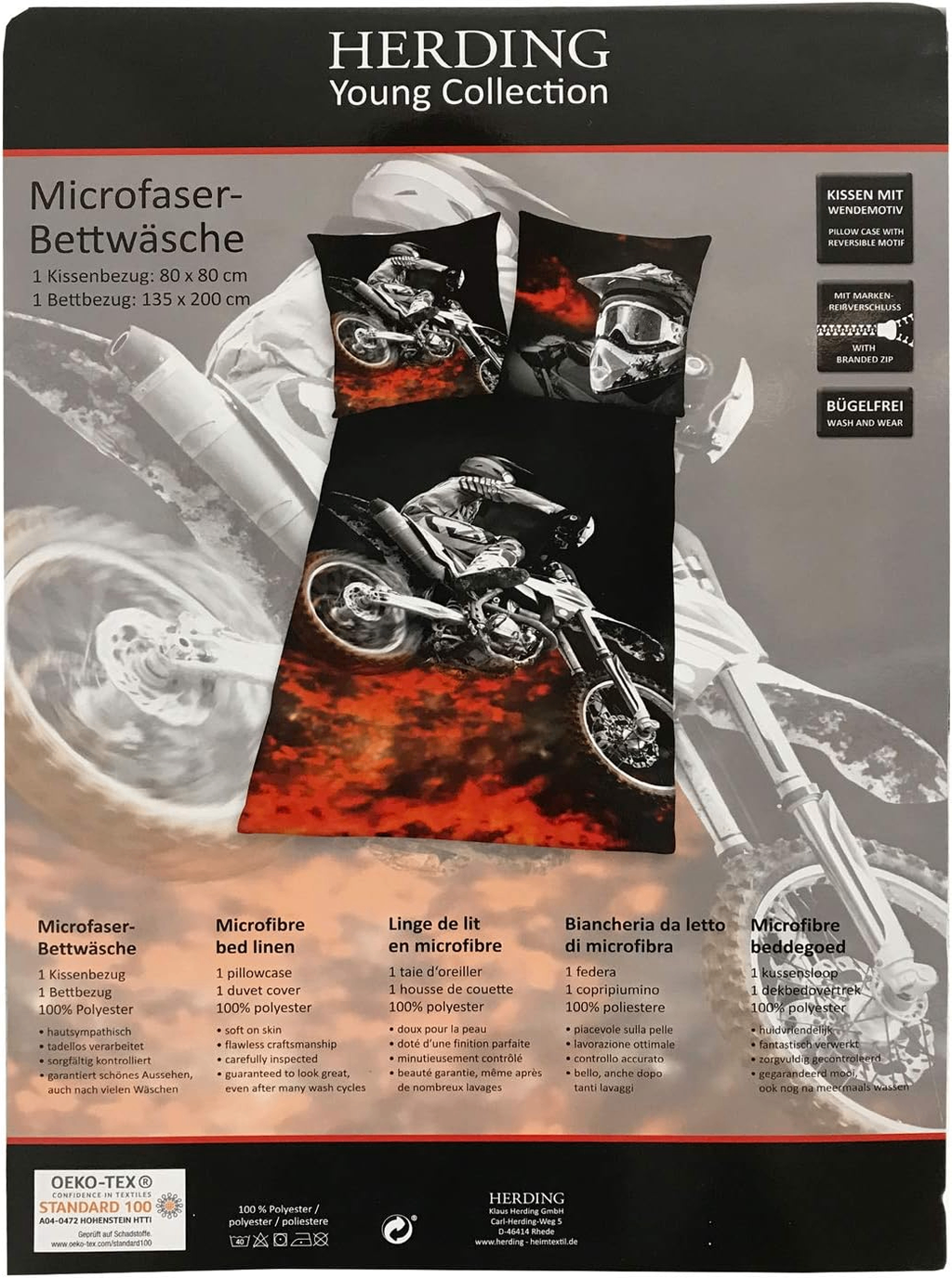 Rückseite von der Verpackung vom Herding Bettwäsche Set Motocross 2-tlg 135 x 200 cm / 80 x 80 cm