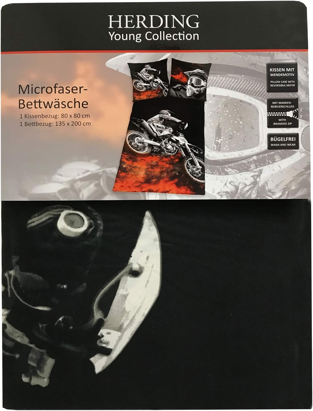 Vorderseite von der Verpackung vom Herding Bettwäsche Set Motocross 2-tlg 135 x 200 cm / 80 x 80 cm