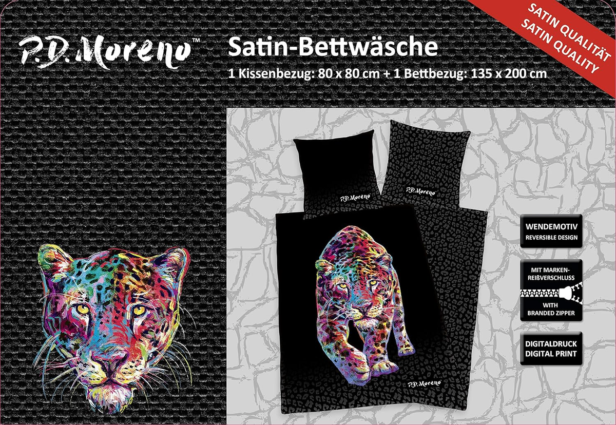Vorderseite von der Verpackung vom P.D. Moreno Bettwäsche-Set Jaguar Satin 135 x 200 cm 100% Baumwolle