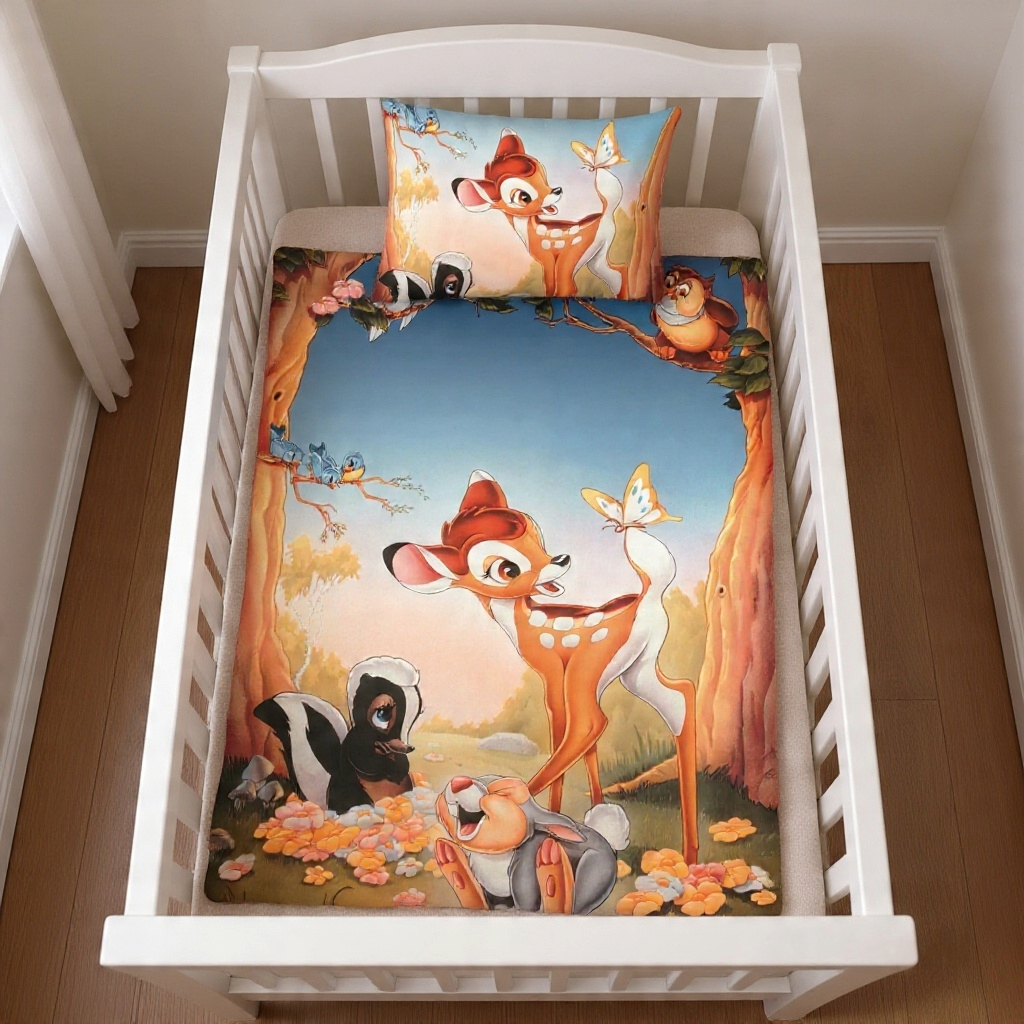 Baby Bettwäsche Disney Bambi und Klopfer 100 x 135 cm 100% Baumwolle liebevoll in einem Babybett dargestellt